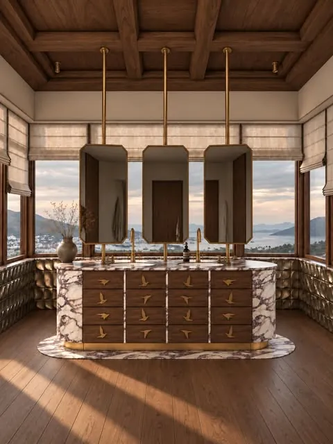 Sunnyhill master banyo: denize bakan damarlı taş ve ahşap lavabo adası, pirinç sarkıtlar